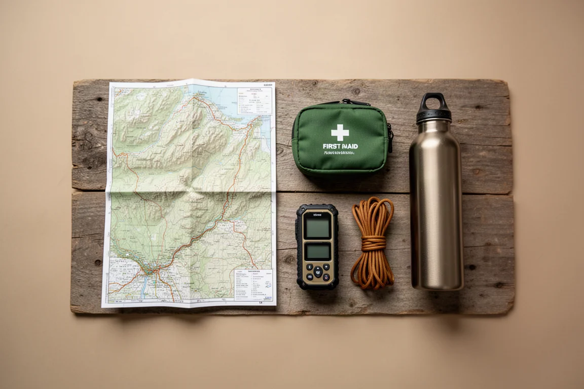 Overhead flat-lay of hiking gear arranged on a wooden surface