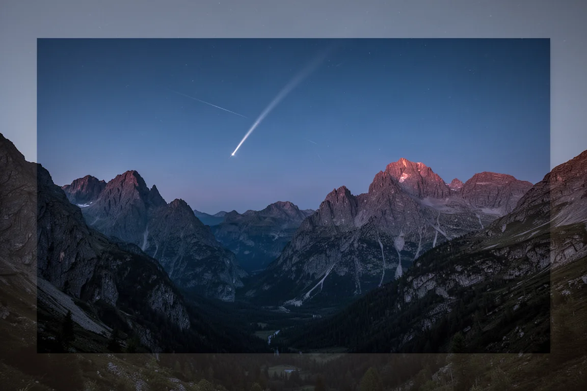 Alpines Tal in der Dämmerung mit einer Satellitenspur über einem indigofarbenen Himmel