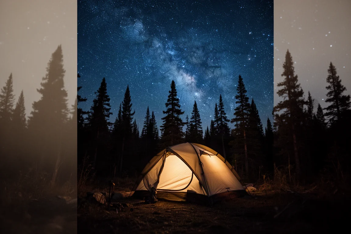 Wildcampingplatz bei Nacht mit leuchtendem Zelt unter sternenklarem Himmel