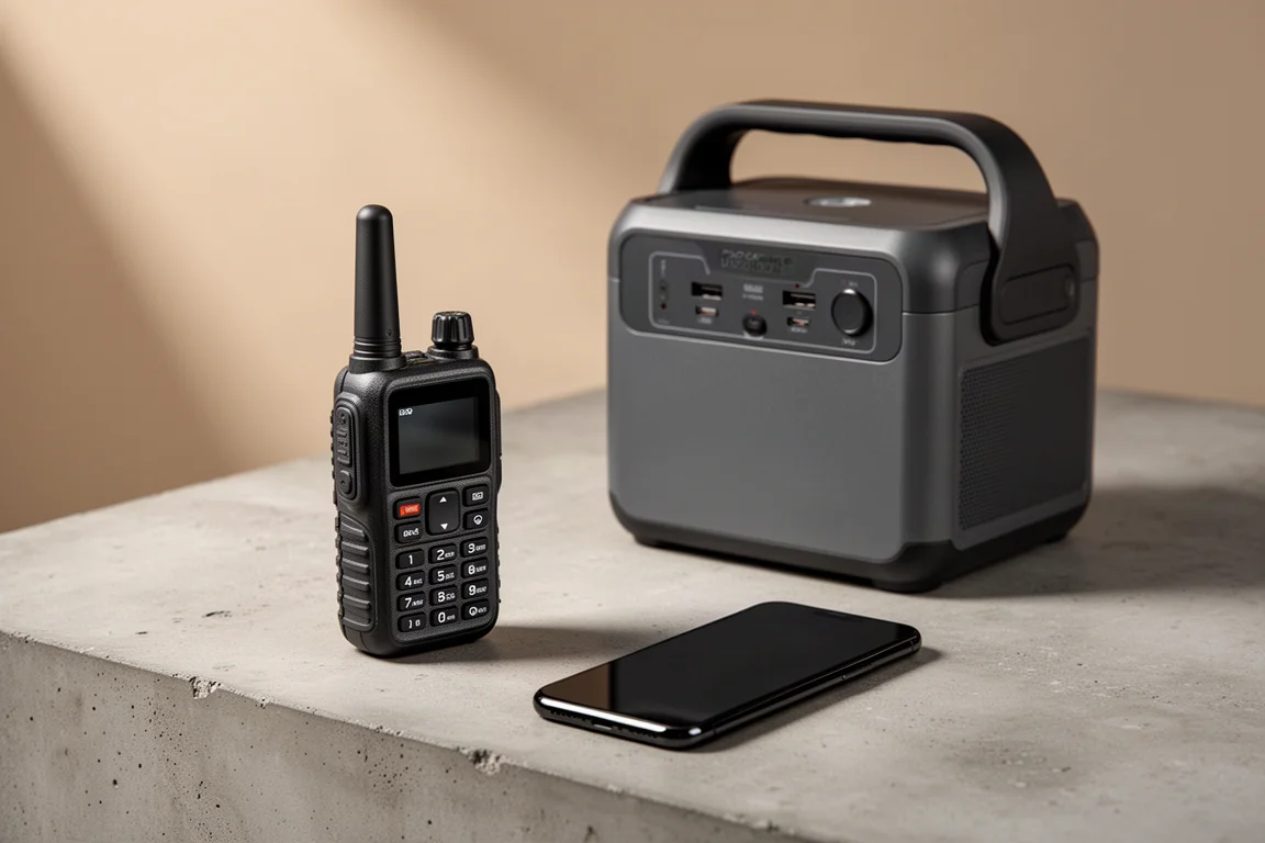 Satellite communicator, smartphone and portable power station on a concrete surface