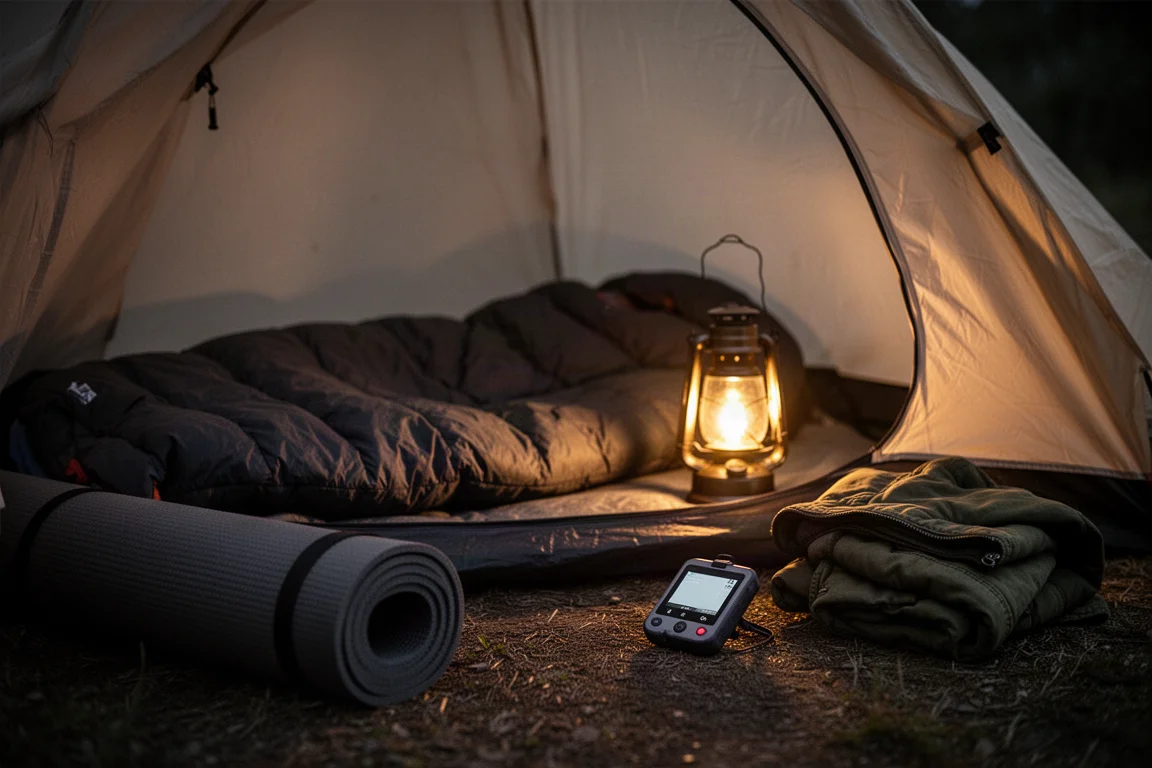Intérieur d'une petite tente la nuit avec un appareil portable posé au sol à côté d'une lanterne