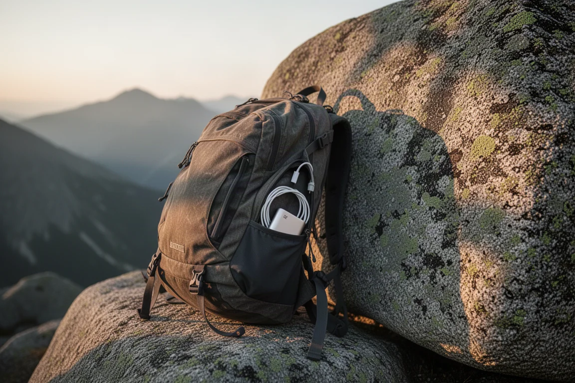 Sac à dos de randonnée usé contre un rocher de granite, avec câble de charge et batterie externe dans une poche latérale
