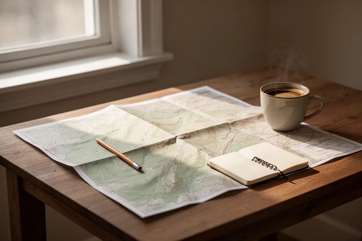 Carte topographique étalée sur une table en bois avec un crayon, un carnet et une tasse de café