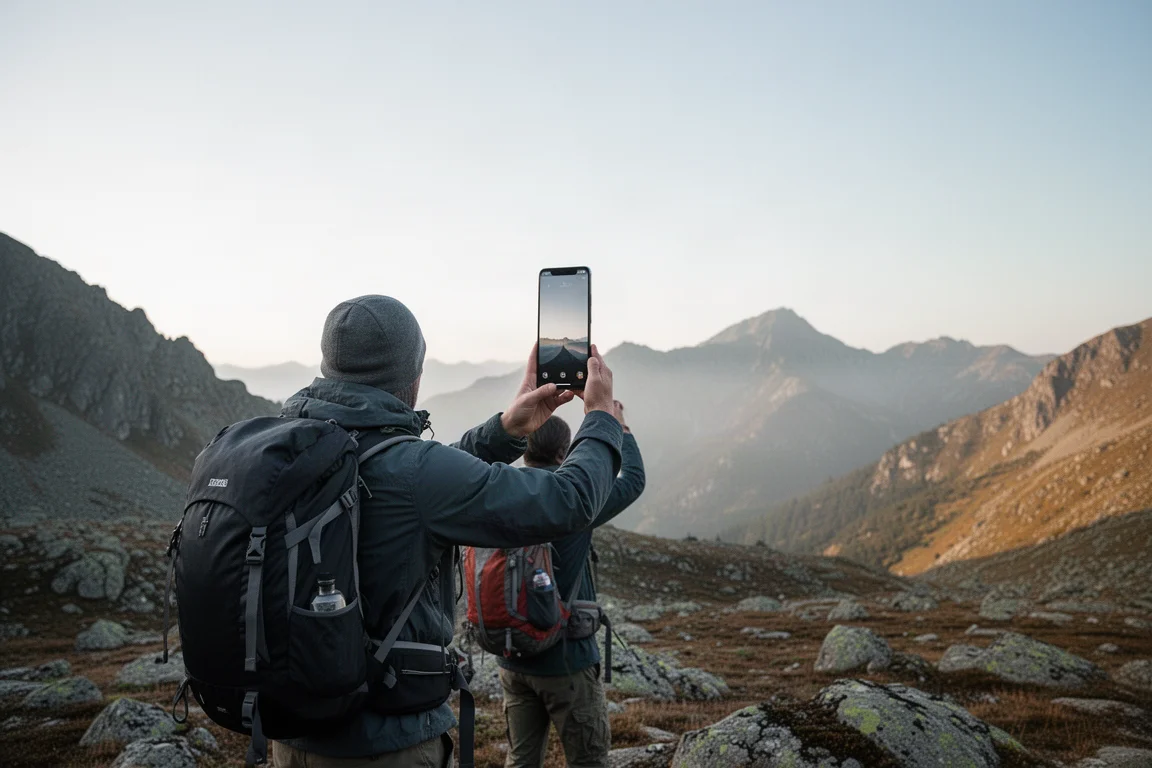 Randonneur tenant un smartphone vers le ciel dans un paysage de montagne isolé