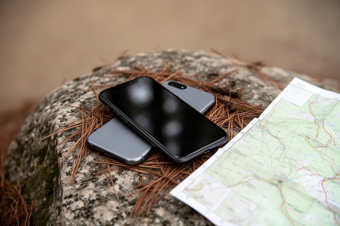 Smartphone posé sur un rocher de granite avec une carte topographique et des aiguilles de pin