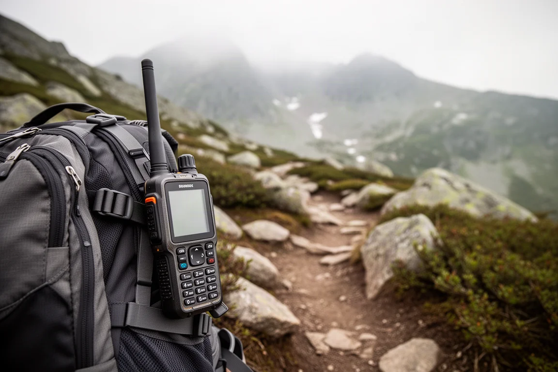 Communicateur satellite robuste fixé à la sangle d'un sac à dos sur un sentier de montagne