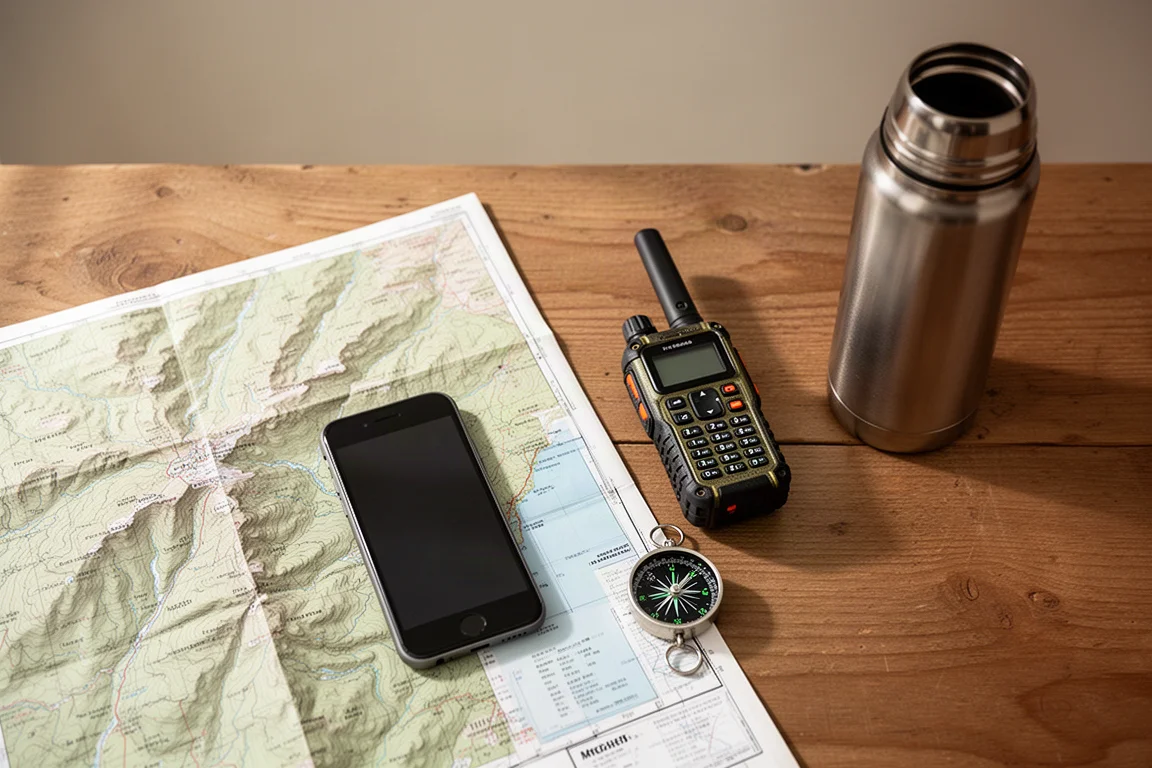 Vue à plat d'une carte, d'un smartphone, d'un communicateur satellite, d'une boussole et d'un thermos sur du bois