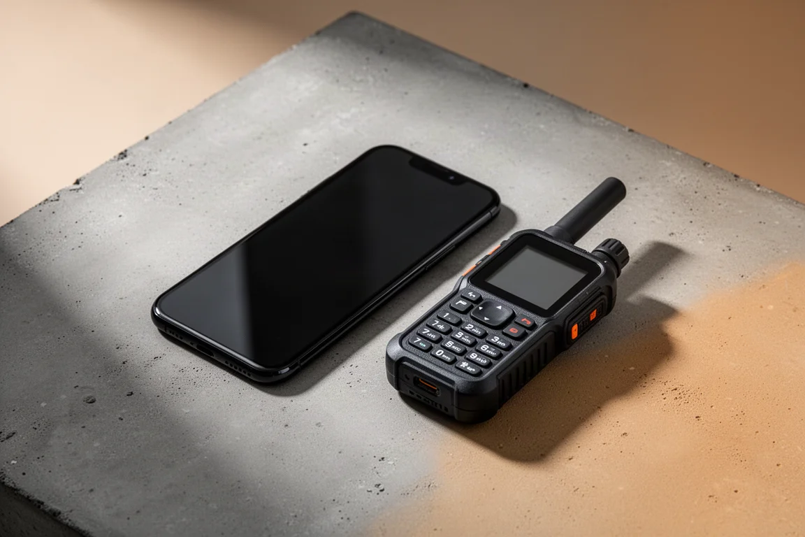 Smartphone and rugged handheld satellite communicator side by side on a concrete surface