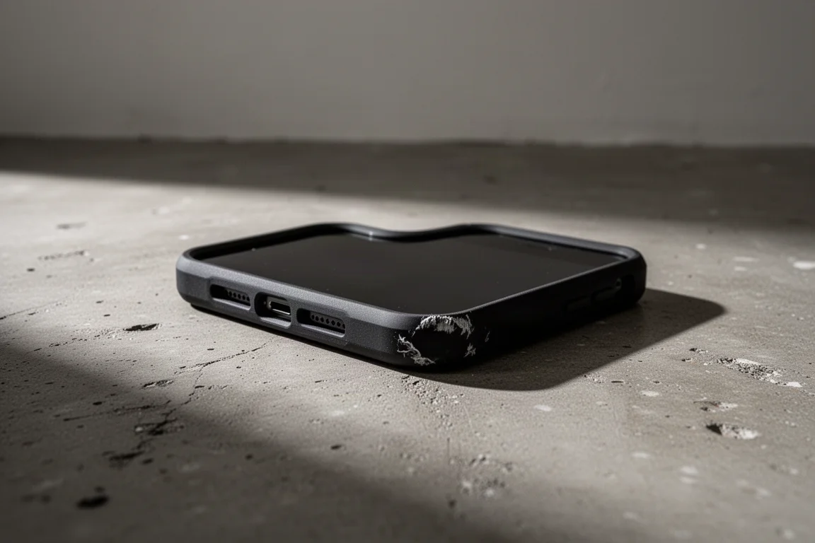 iPhone i ett robust skyddsfodral som tappas skärmen nedåt mot ett betonggolv