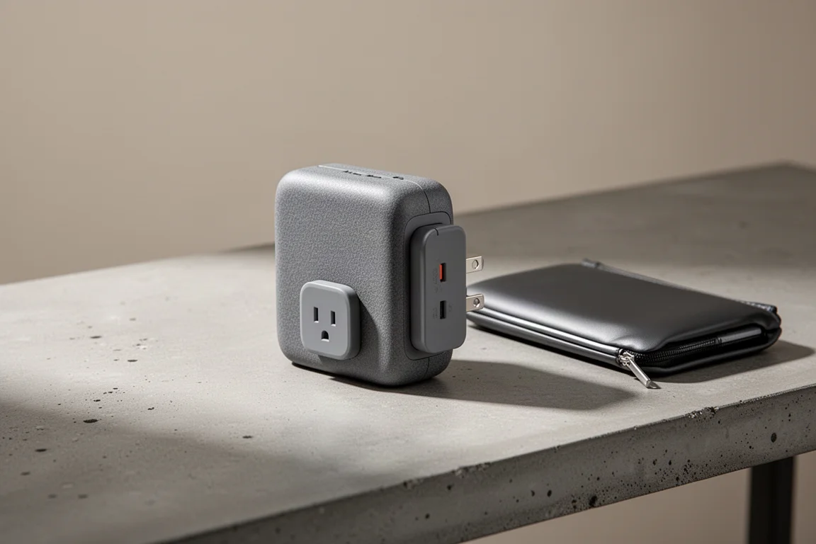 Liten fickpowerbank med infällbart stickpropp på ett neutralt skrivbord