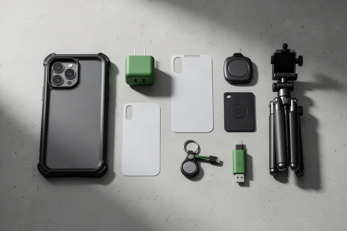 Flat-lay di otto accessori per iPhone 15 disposti su una scrivania in cemento