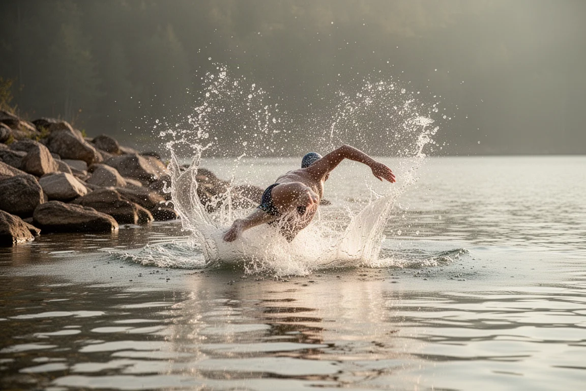 Swimmer creating a large splash mid-cannonball in a sunlit lake