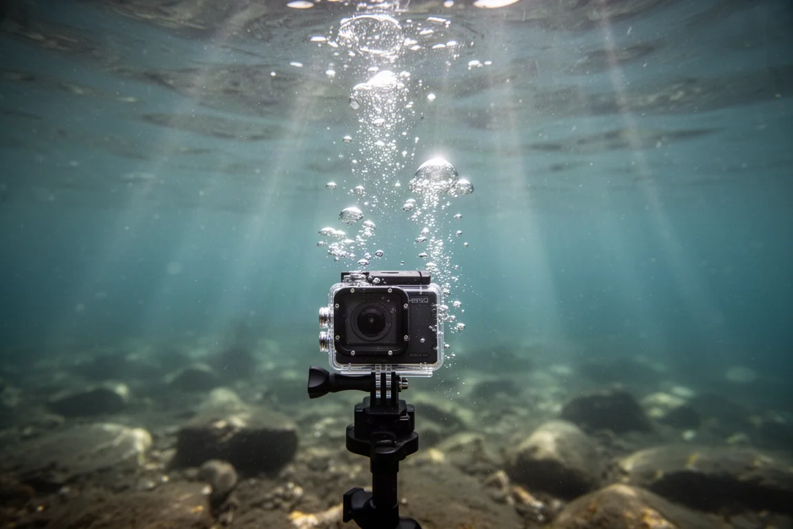 Action camera mounted underwater filming bubbles in clear blue water