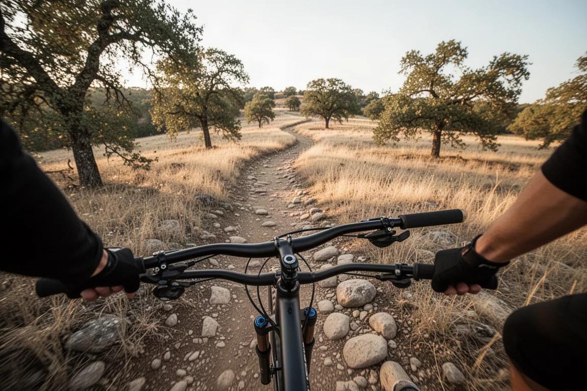 Mountain biker riding a rocky trail with camera mounted on handlebars