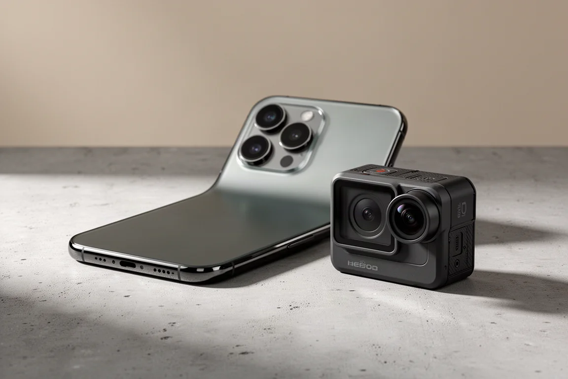 iPhone 16 Pro und GoPro Hero 13 Black nebeneinander auf einer Betonoberfläche