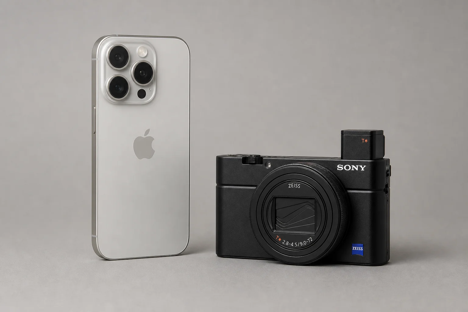 Apple iPhone 16 Pro 與 Sony RX100 Mark VII 相機並排放在灰色背景上