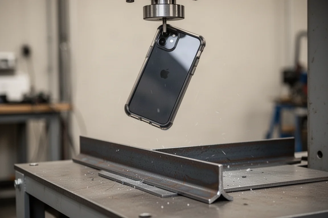 Smartphone being dropped from a height onto a metal testing rig
