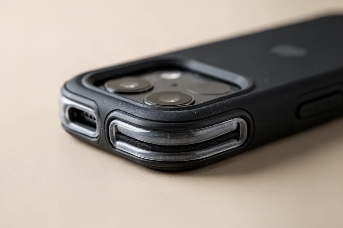 Close-up of a smartphone case corner showing reinforced air cushion design