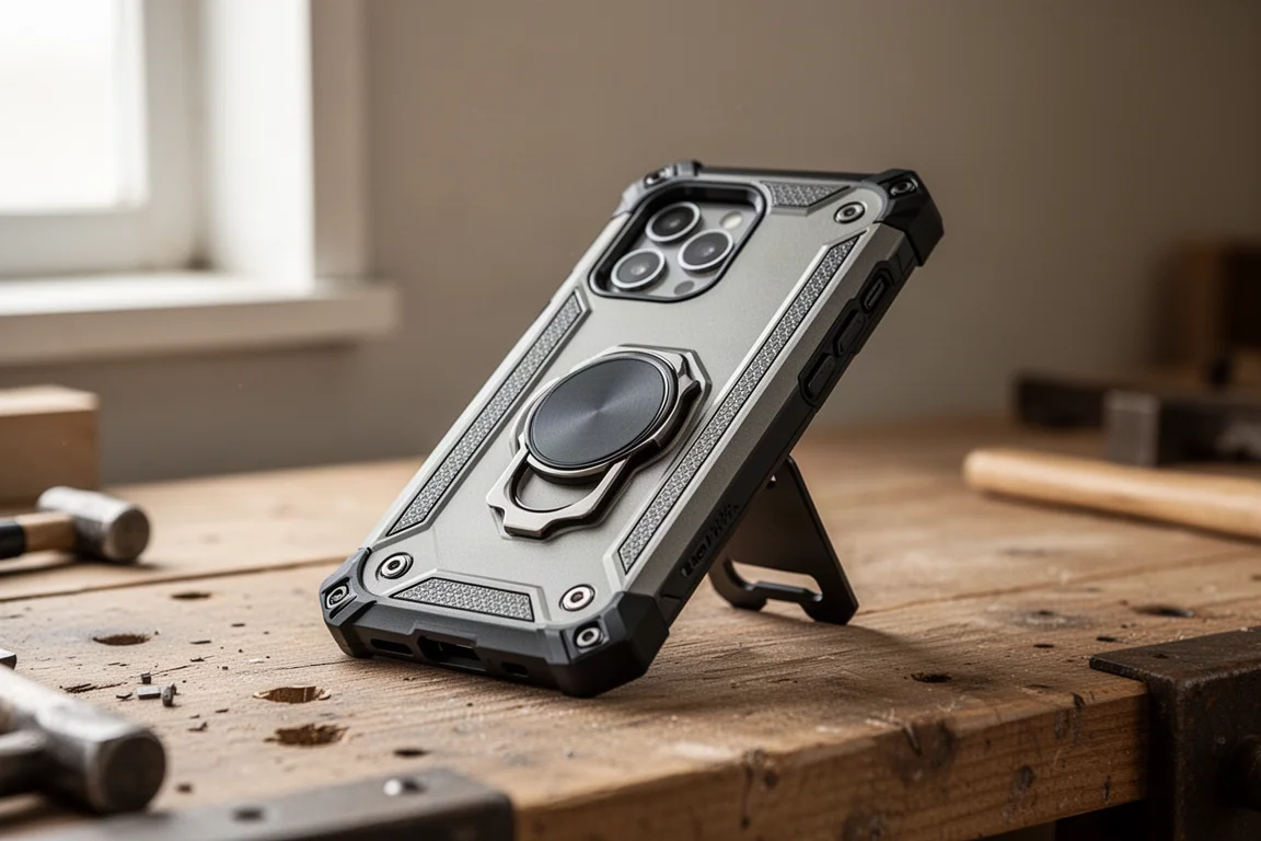 Rugged phone case with magnetic accessories on a workbench