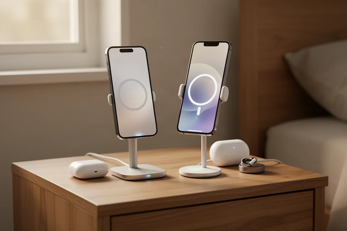 iPhone die oplaadt op een slank 3-in-1 standaardje op een net nachtkastje