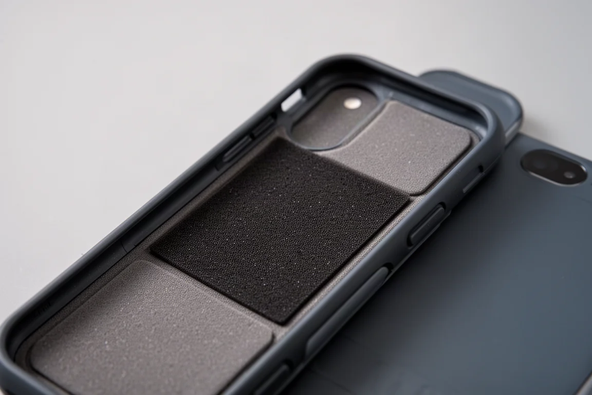 Dubbelwandige beschermende telefoonhoes in een schuine hoek vastgehouden, de binnenkant met binnenvoering zichtbaar
