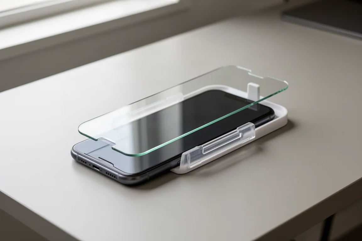 Screenprotector die met een plastic uitlijnhouder op een iPhone wordt geïnstalleerd