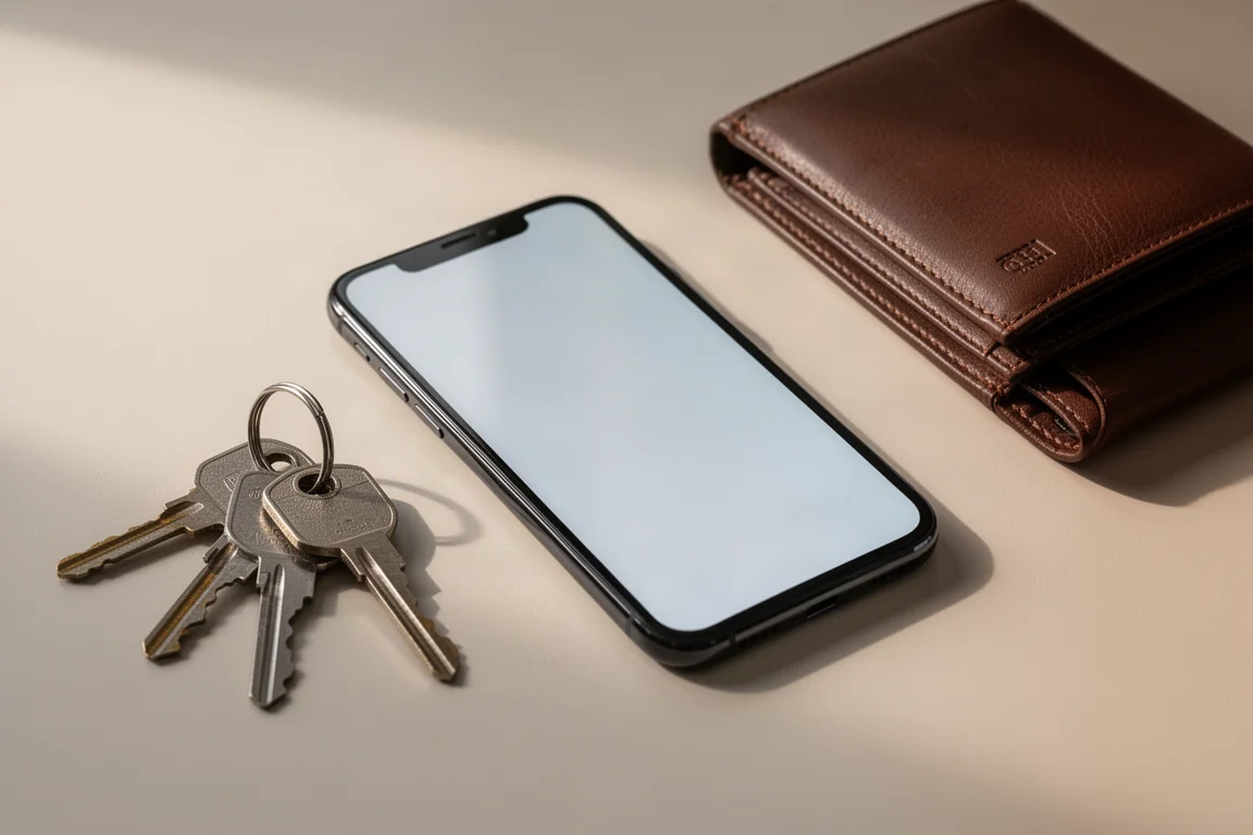 iPhone met hoes en screenprotector naast sleutels op een bureau liggend