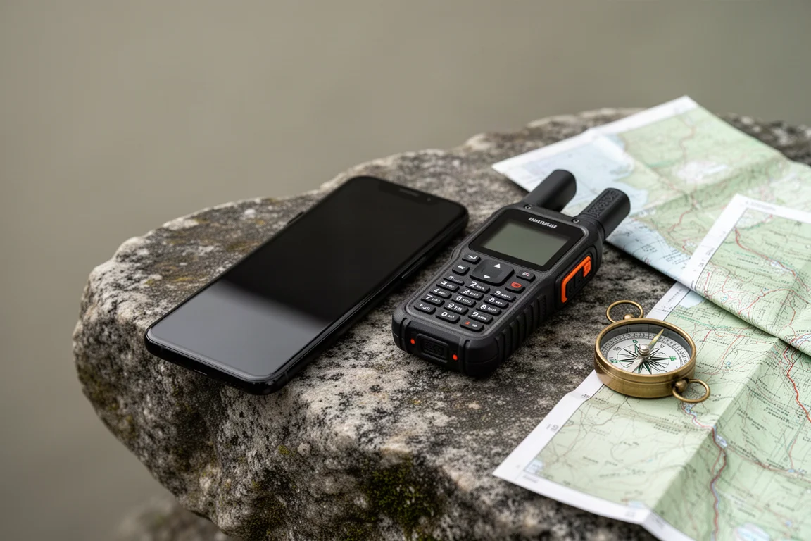 Smartphone e comunicatore satellitare robusto su una lastra di granito con bussola e mappa
