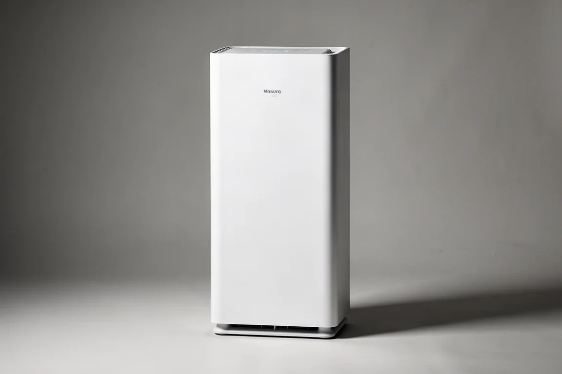 一系列現代空氣清淨機，以極簡設計陳列於白色檯面上