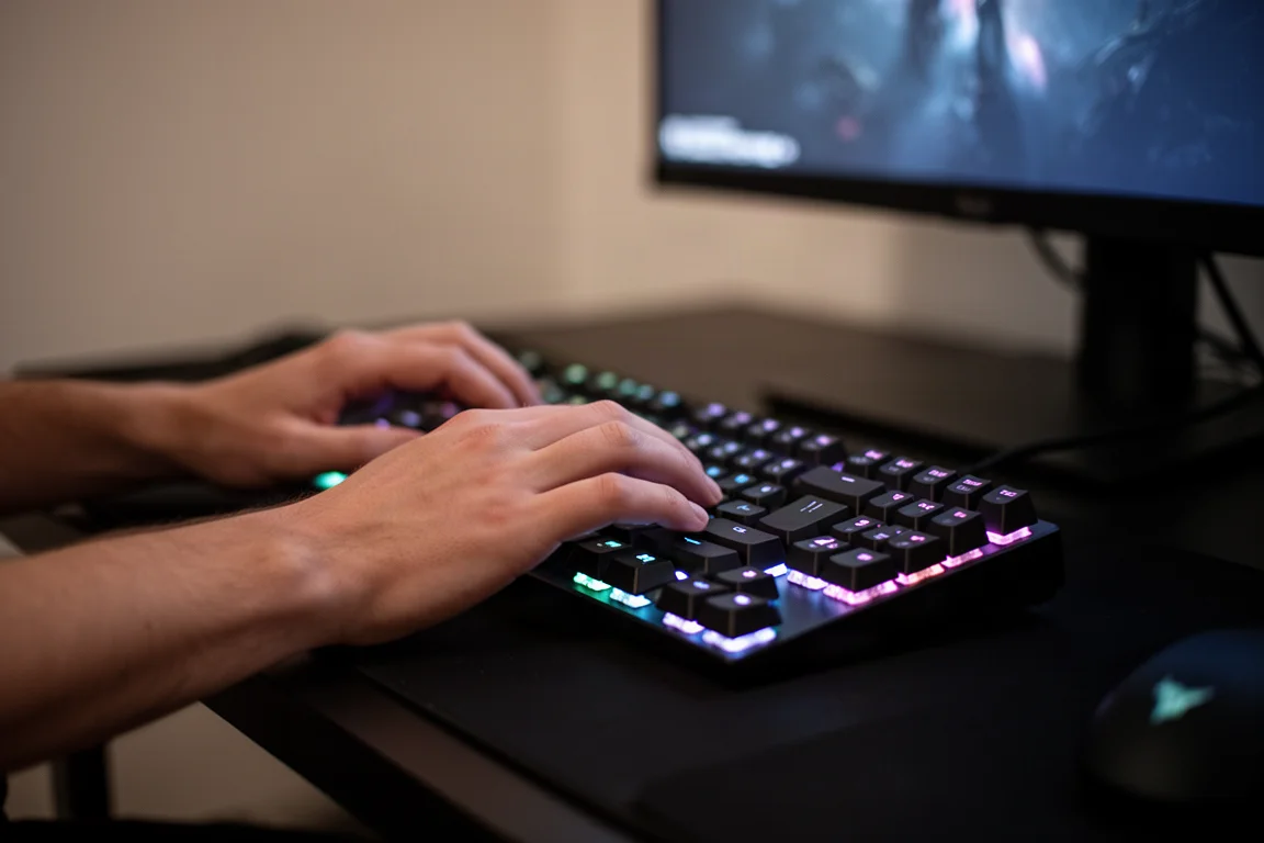玩家在昏暗房間中使用 RGB 背光鍵盤打字的手部特寫