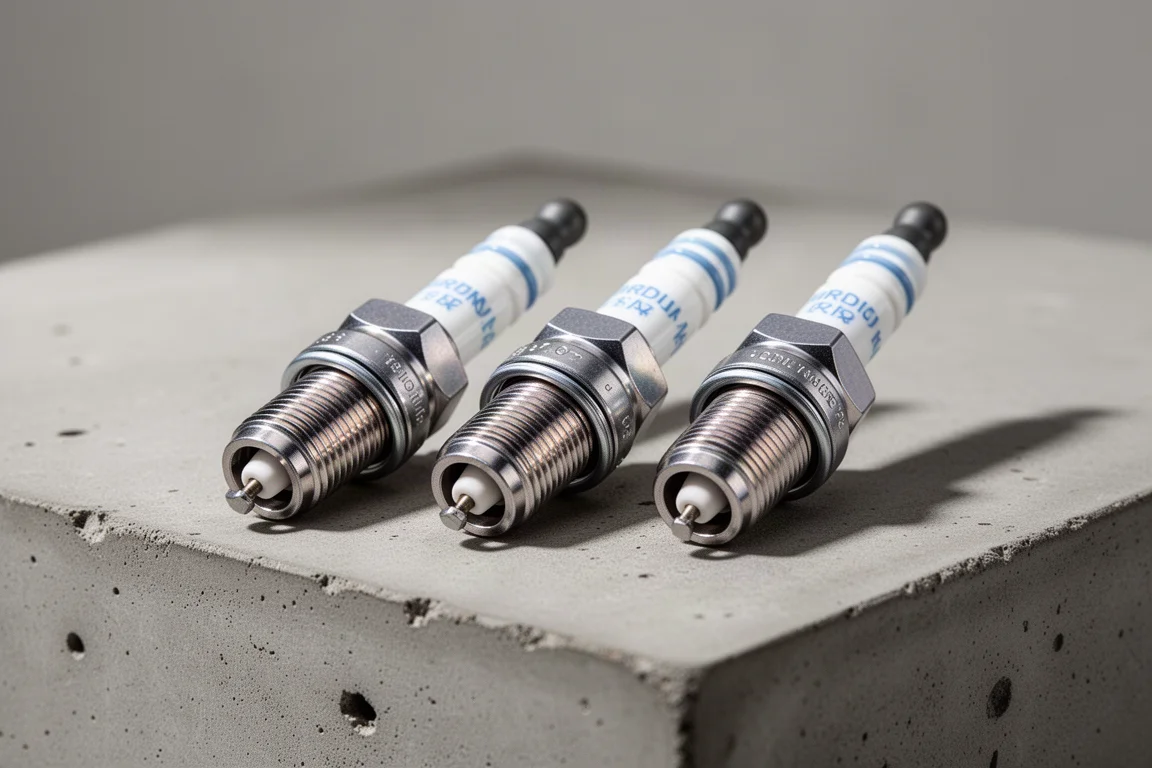 Three iridium spark plugs lined up on a matte concrete surface