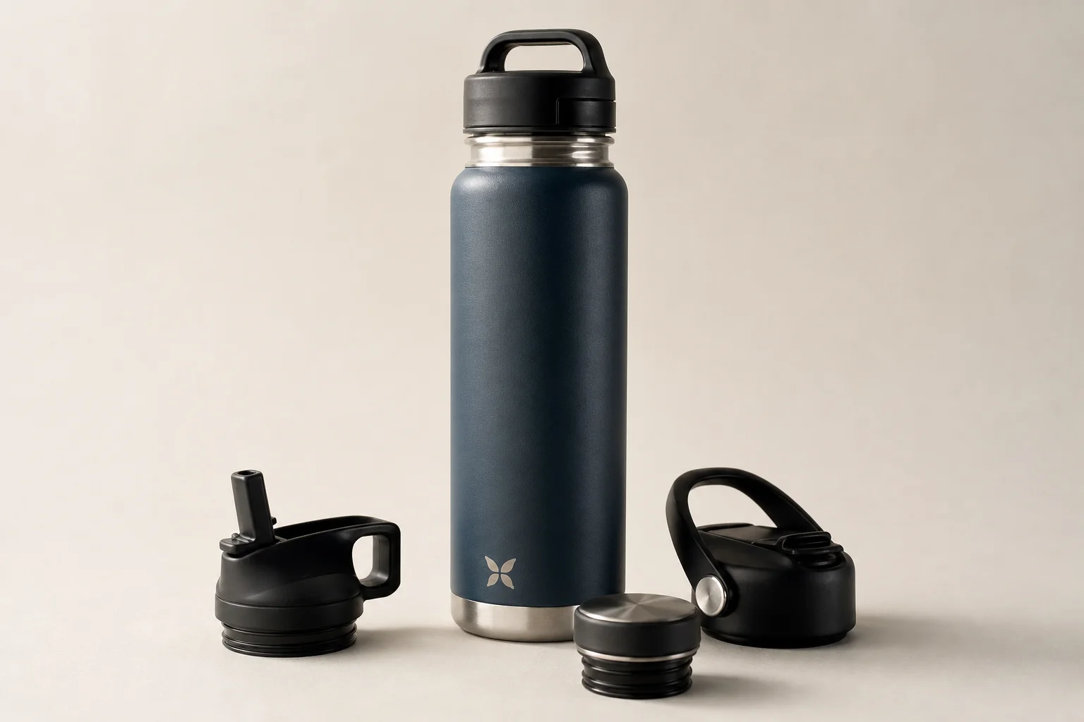 Five water bottles arranged on concrete surface from budget to premium options