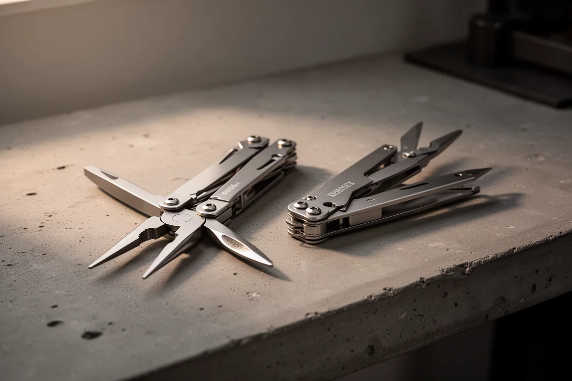 Due multi-tool affiancati su un banco da lavoro in cemento alla luce della sera