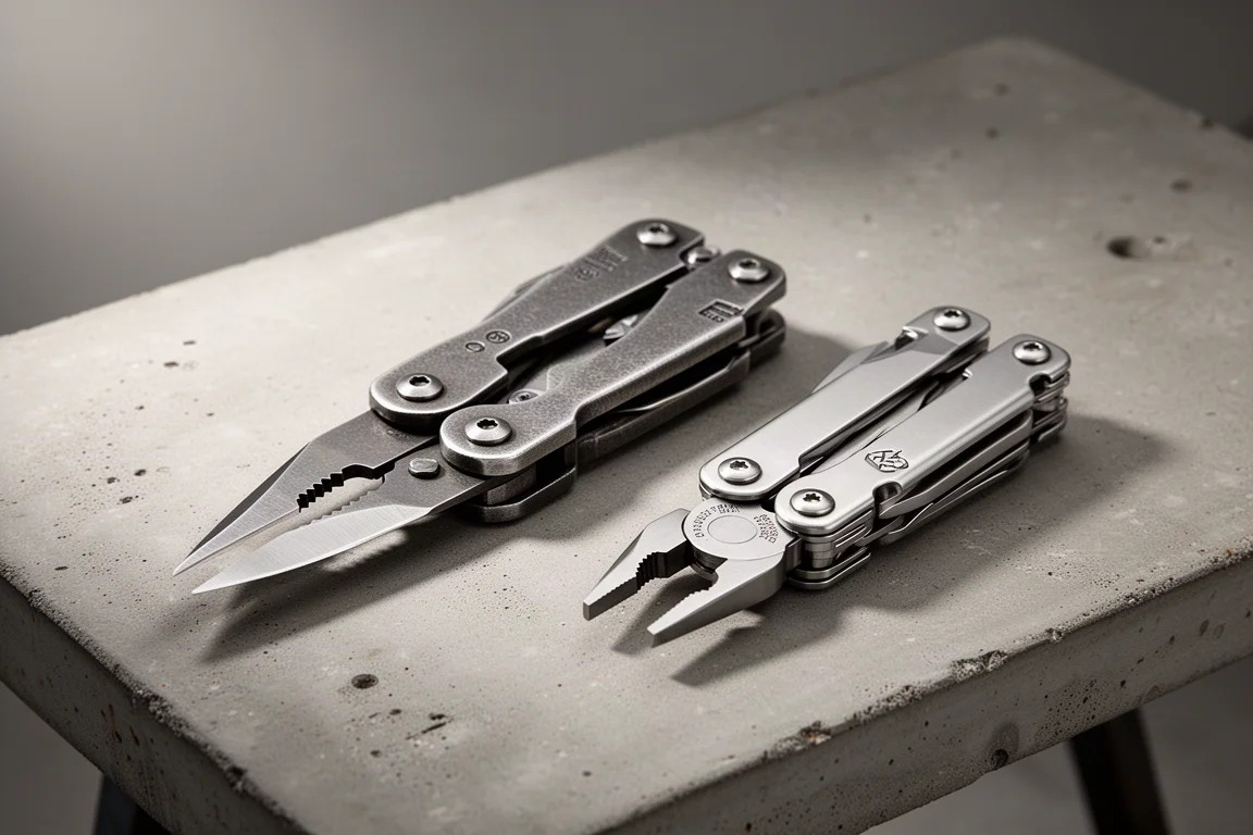 Two locking plier multi-tools side by side on a concrete workbench