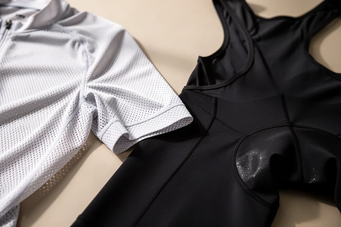 Nahaufnahme eines recycelten technischen Radsportstoffs mit Mesh-Gewebe und Nähten