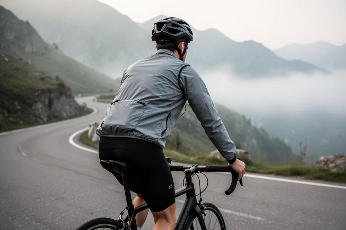 Radfahrer in leichtem Gilet bei der Abfahrt auf einer Bergstraße