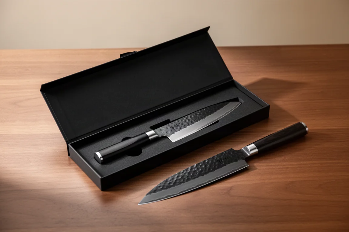 Japanisches Küchenmesser ausgepackt aus einer schlichten schwarzen Präsentationsbox