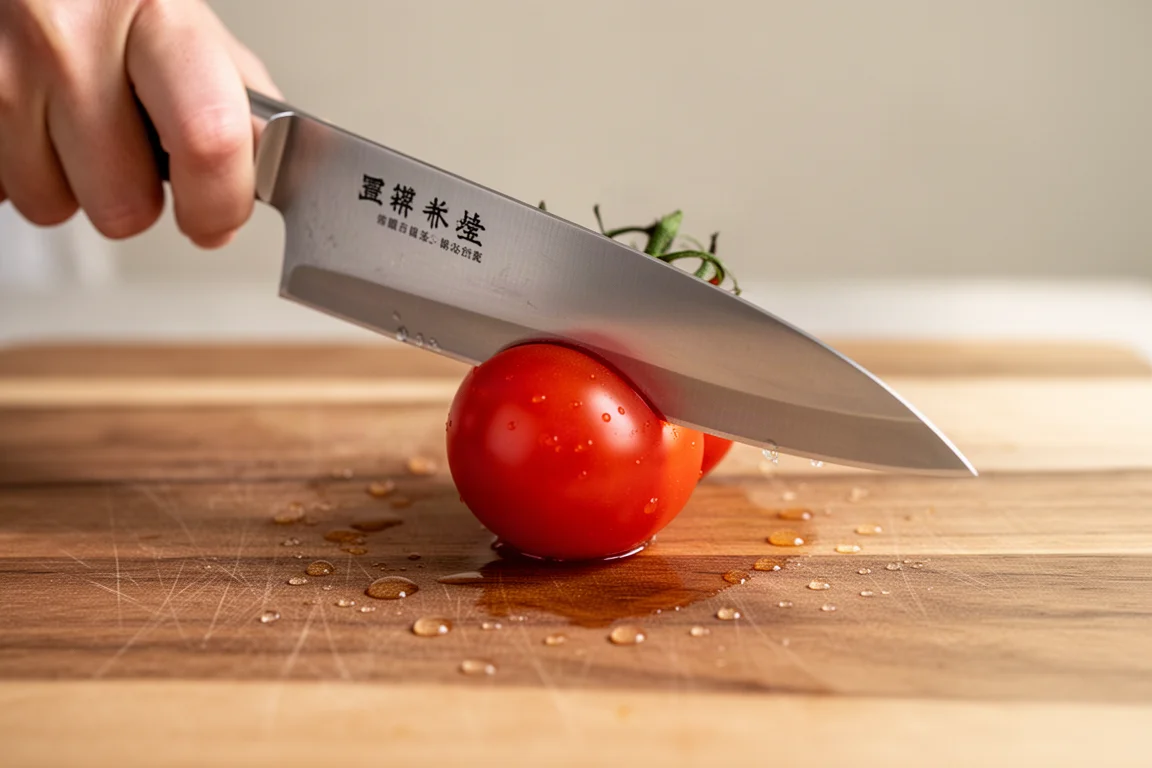 Schneiden einer Kirschtomate mit einem japanischen Messer mit dünner Klinge