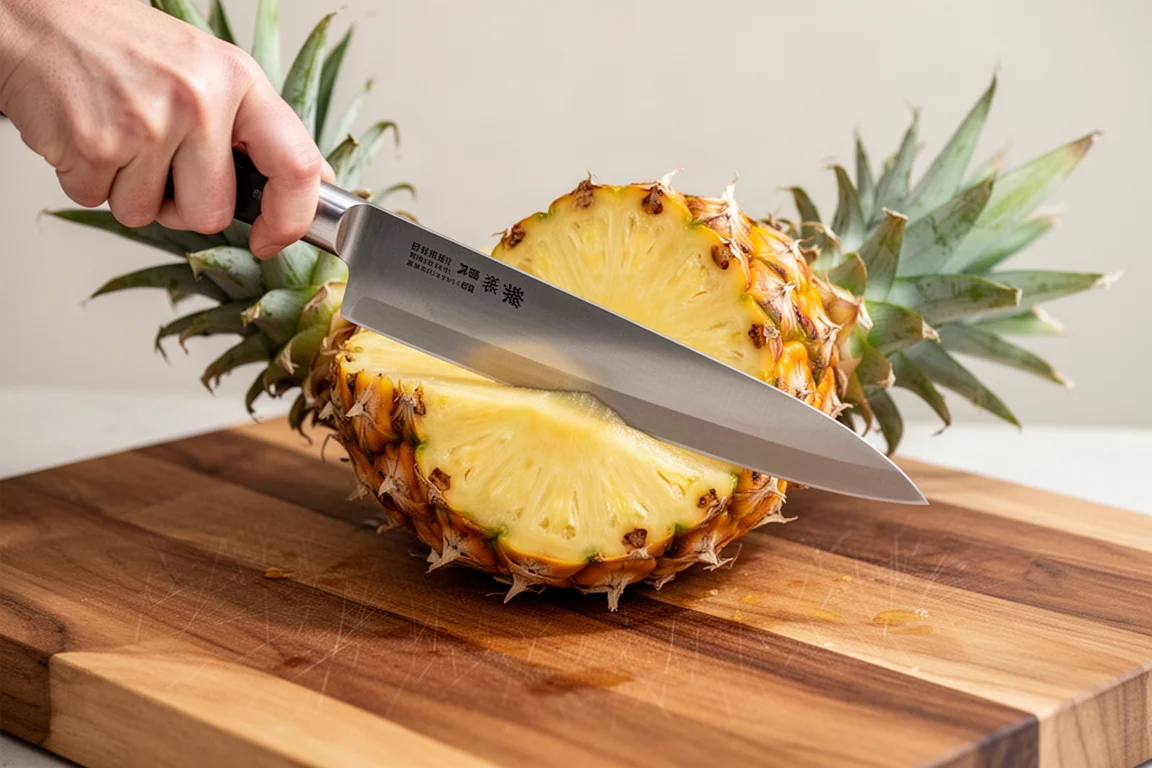 Küchenmesser schneidet eine frische Ananas auf einem Schneidebrett