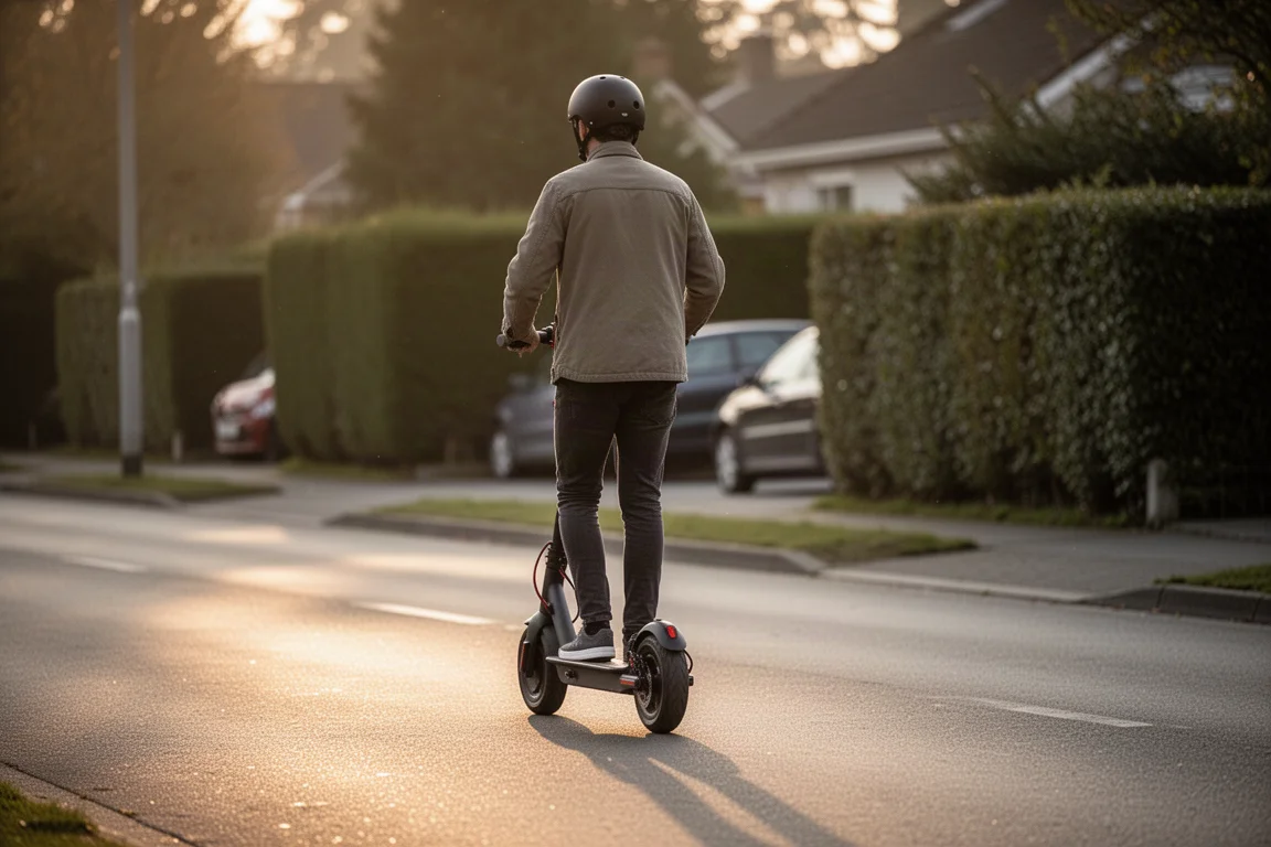 Bestuurder op een zwarte elektrische step in een rustige buitenwijk tijdens het gouden uur