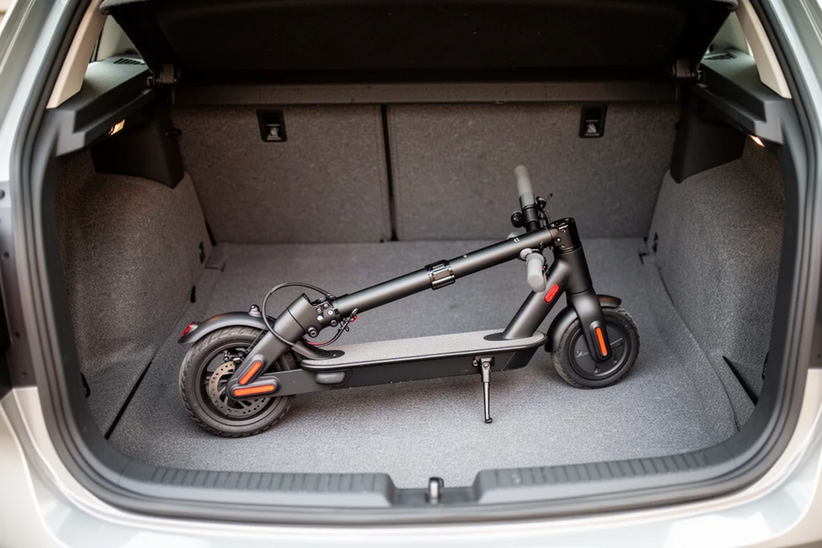 Opgevouwen elektrische step met vergrendelde stuurpen in een autokoffer