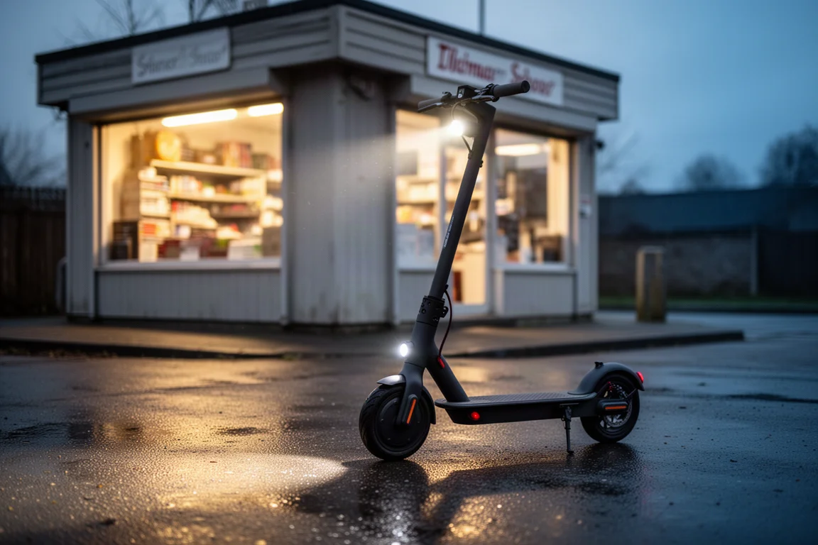 Elektrische step op de zijstandaard voor een kleine winkel in de schemering