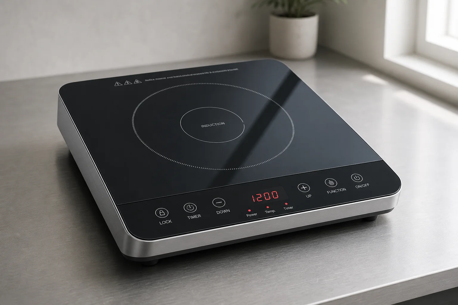 Cinq plaques de cuisson électriques portables présentées sur une surface en béton gris