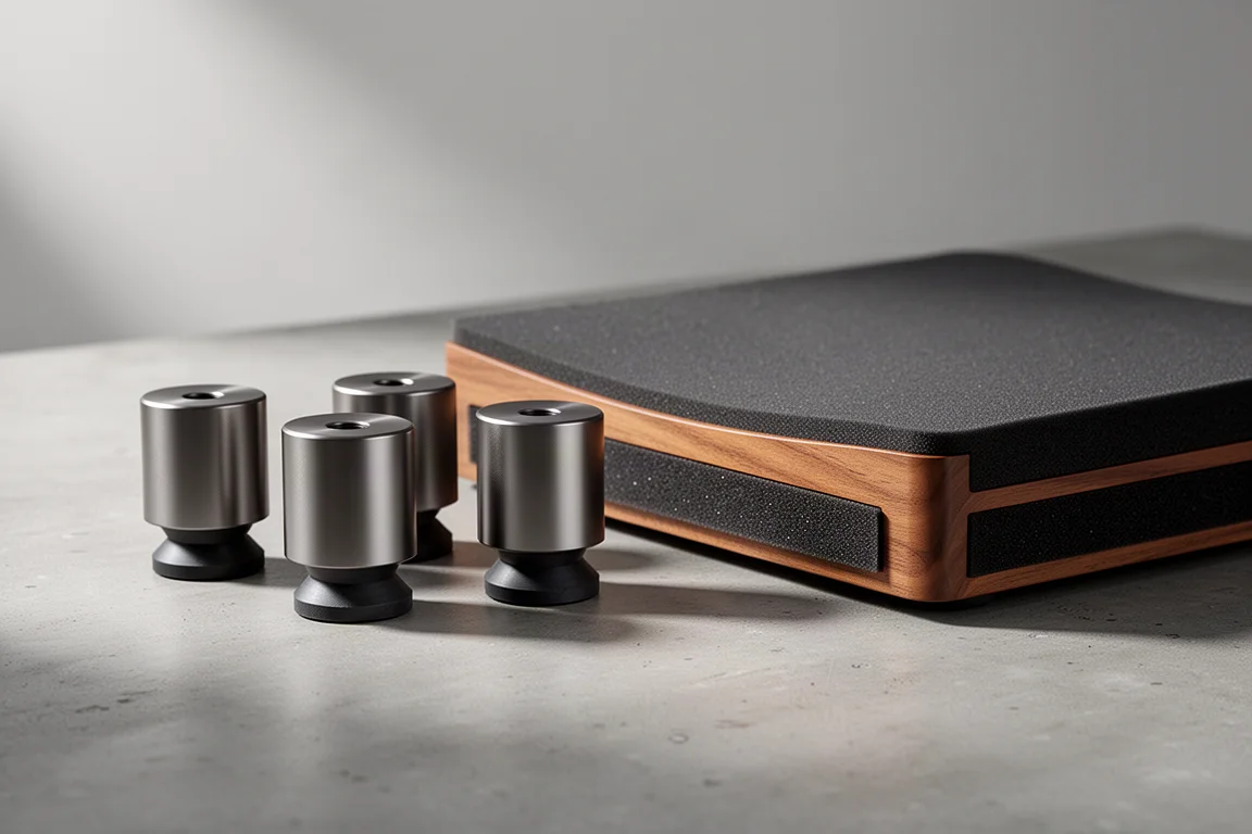 Four gunmetal isolation feet beside a low-profile speaker isolation platform on concrete