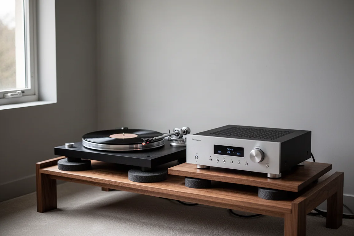 Hi-fi-ställ med skivspelare och förstärkare på små isoleringspuckar i ett lyssningsrum