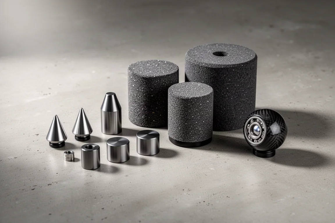 Six audio isolation footers including cones, pucks and cylindrical dampers on concrete