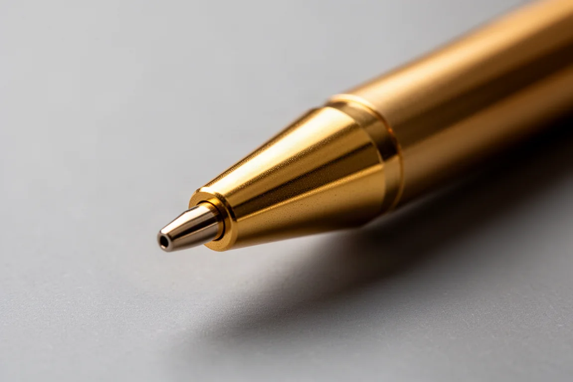 Close-up van de gouden puntkegel en korte geleidebuis van een vulpotlood