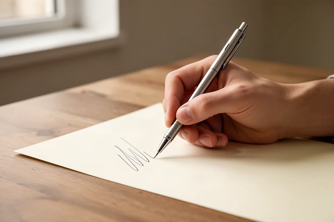 Hand die met een vulpotlood op papier schrijft in zacht daglicht