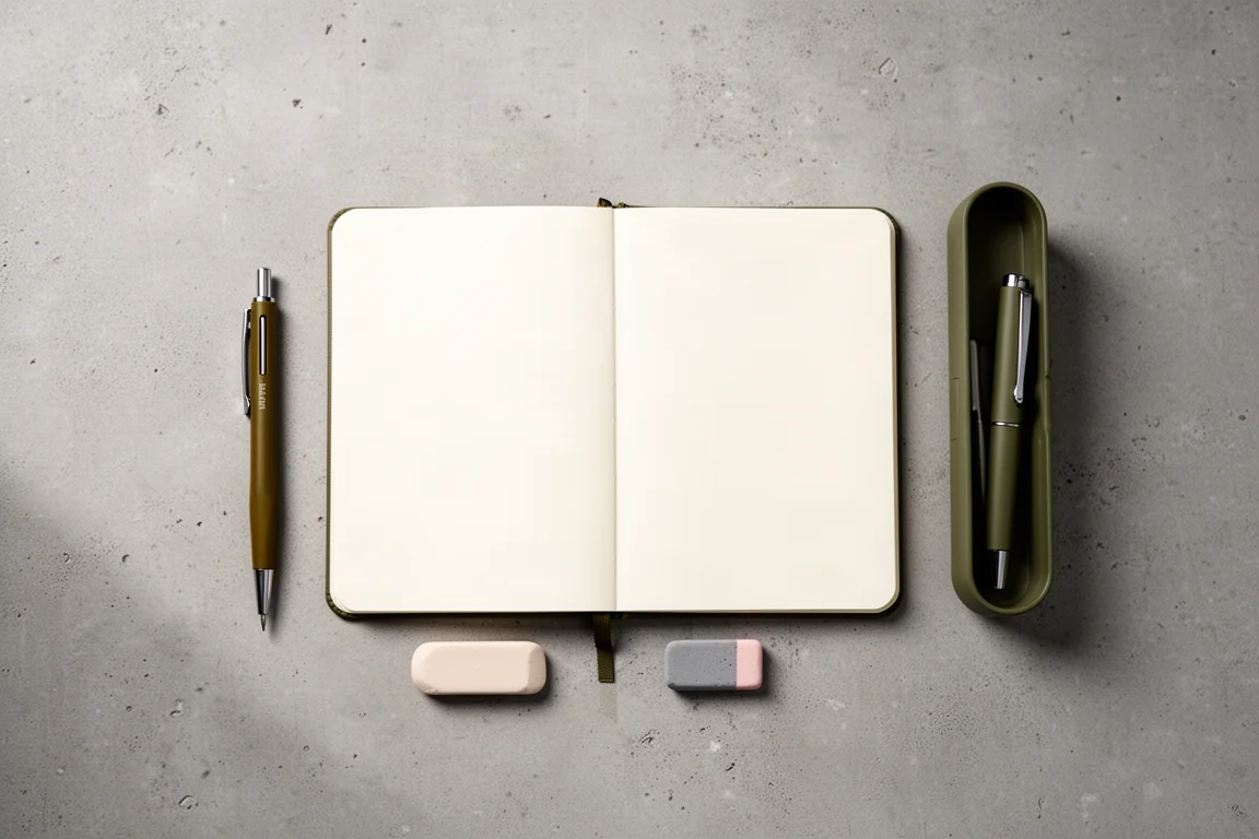 Flat-lay van een vulpotlood met notitieboek en bureau-accessoires