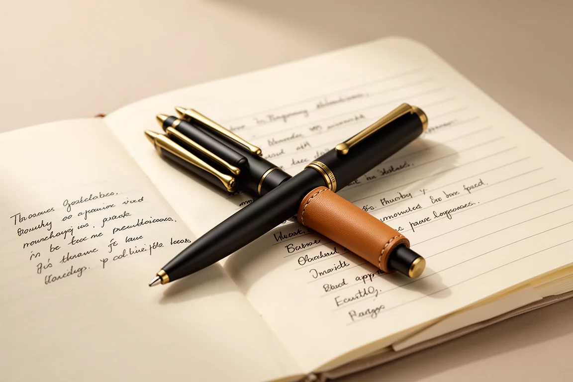 Multi-penna nera opaca e sottile appoggiata accanto a appunti scritti a mano su carta color crema